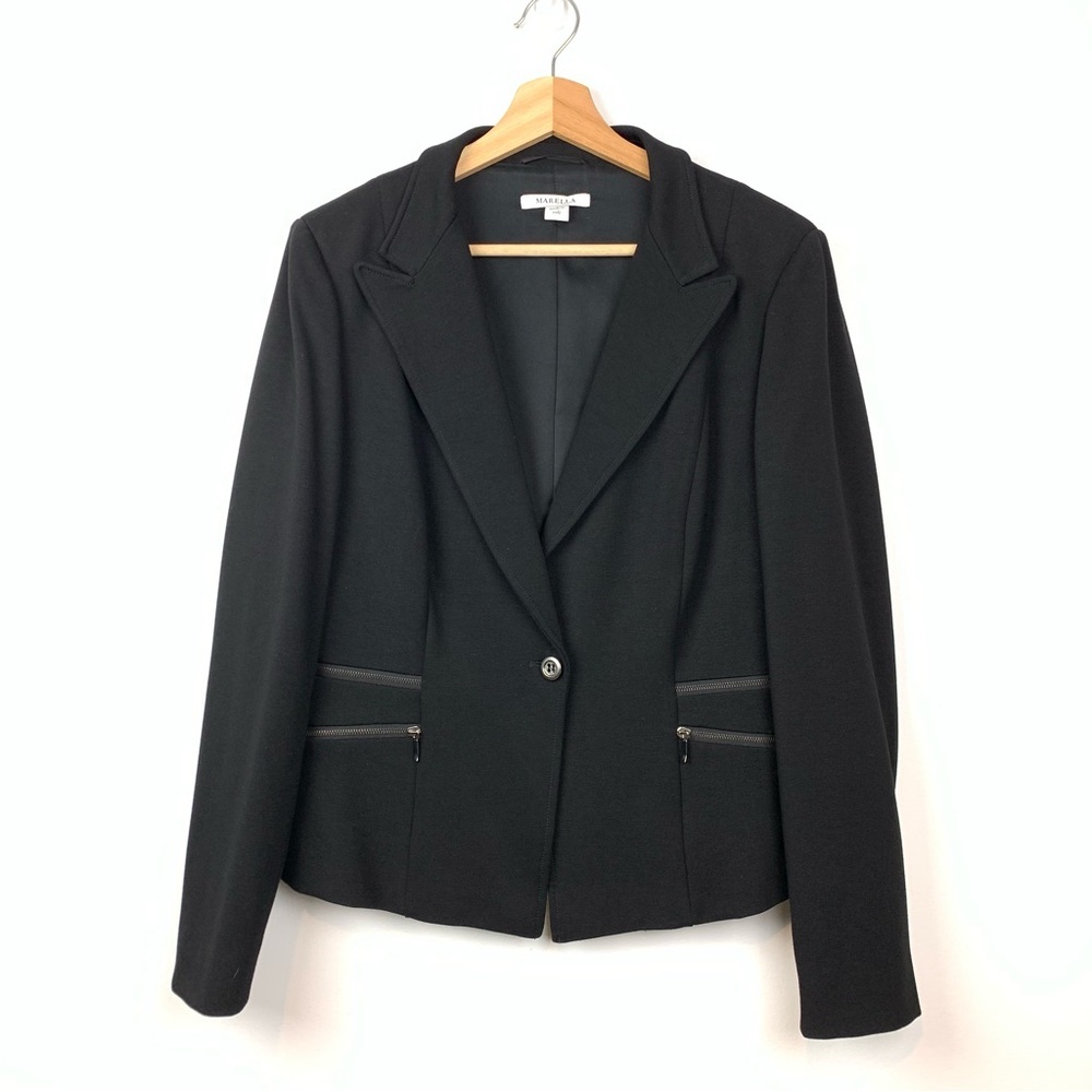 Marella Blazer Black Zip Accents Button Sz 12 Classic Elegant Office Italy